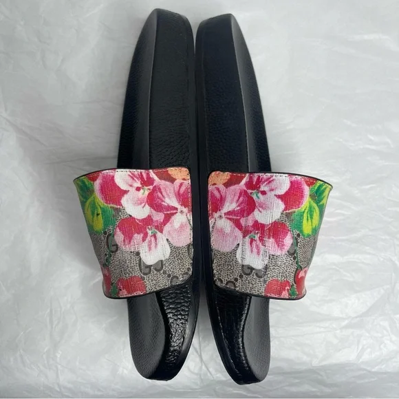 Gucci GG Supreme Blooms Floral Slides Black Pink Monogram Sandals Women’s 40 - Picture 9 of 13